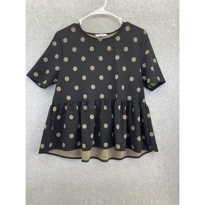 ZARA Women's Blouse Short Sleeve Polka Dot Peplum Black Brown Size Medium
